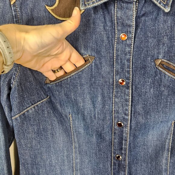 Vtg Lawman Western Pearl Snap Denim Shirt L Faux Suede Rodeo Retro Rockabilly - Picture 11 of 11